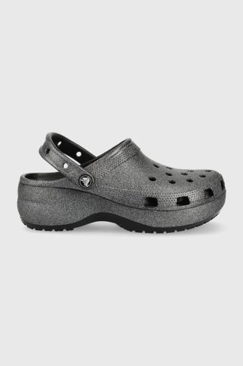 Pantofle Crocs Classicplatformglitteriiclog W dámské, černá barva, na platformě
