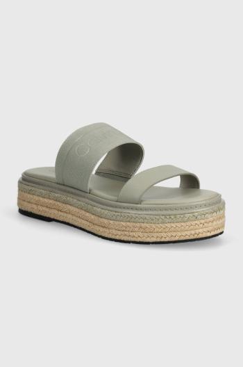 Pantofle Calvin Klein WEDGE SLIDE HE dámské, šedá barva, na platformě, HW0HW01966