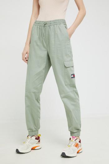 Bavlněné kalhoty Tommy Jeans dámské, zelená barva, kapsáče, high waist