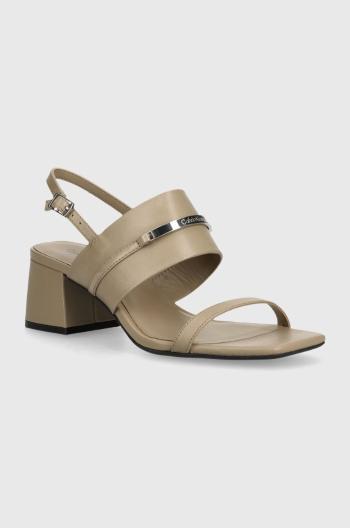 Kožené sandály Calvin Klein HEEL SANDAL 45 MET BAR LTH béžová barva, HW0HW02056