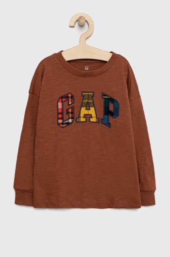 Dětská bavlněná košile s dlouhým rukávem GAP hnědá barva, s aplikací
