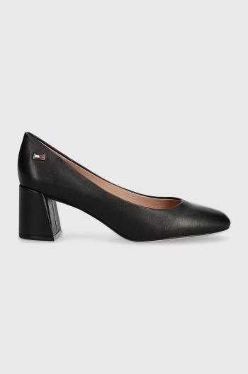 Kožené lodičky Tommy Hilfiger TH LEATHER MID HEEL BLOCK PUMP černá barva, na podpatku, FW0FW07716