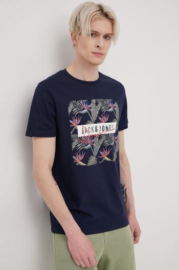 Bavlněné tričko Jack & Jones tmavomodrá barva, s potiskem
