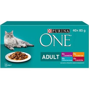 Purina ONE minifiletky s jehněčím, mořskými rybami, kuřetem, hovězím a zeleninou ve šťávě 40 × 85g (7613287586179)