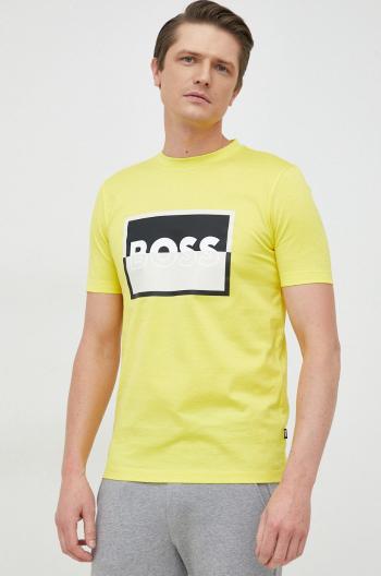Bavlněné tričko BOSS žlutá barva, s potiskem