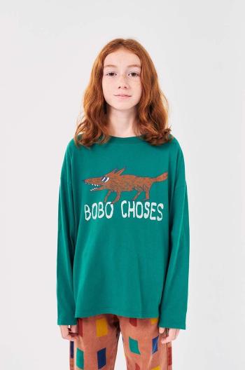 Dětské bavlněné tričko s dlouhým rukávem Bobo Choses The Clever Fox zelená barva, s potiskem, 224AC019