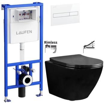 LAUFEN Rámový podomítkový modul CW1 SET s bílým tlačítkem + WC REA CARLO MINI RIMFLESS ČERNÁ + SEDÁTKO H8946600000001BI CL1