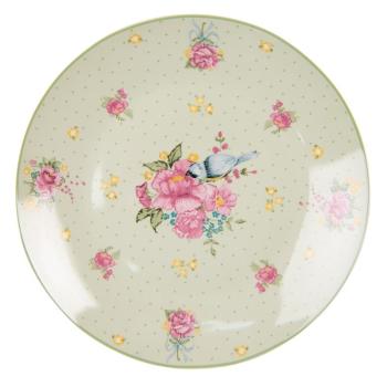 Zelený porcelánový dezetní talíř s květy a ptáčkem Cheerful Birdie - Ø 20 cm CHBDP