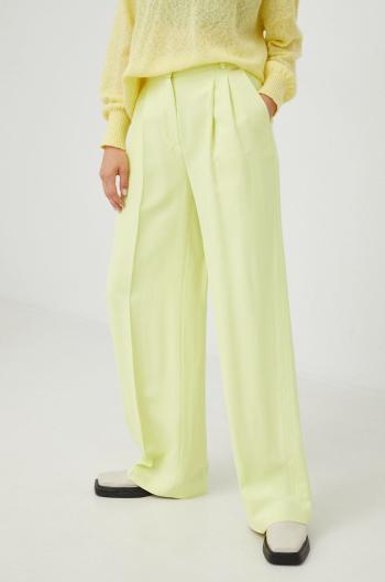Kalhoty BOSS dámské, žlutá barva, jednoduché, high waist