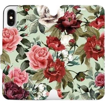 Flipové pouzdro na mobil Apple iPhone X - MD06P Růže a květy na světle zeleném pozadí (5903226186228)