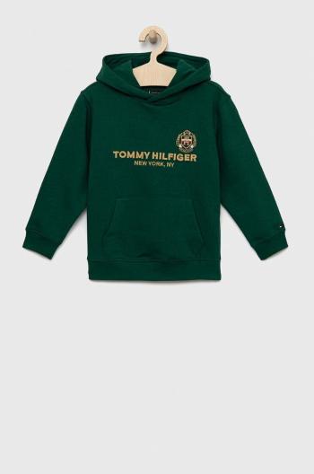 Dětská mikina Tommy Hilfiger zelená barva, s kapucí, s potiskem
