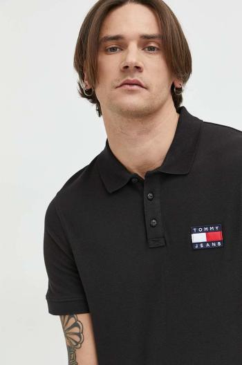 Bavlněné polo tričko Tommy Jeans černá barva, s aplikací