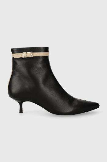 Kožené kotníkové boty Tommy Hilfiger LEATHER POINTED BOOT dámské, černá barva, na podpatku, FW0FW07680