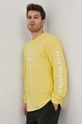 Bavlněné tričko s dlouhým rukávem HUF žlutá barva, s potiskem
