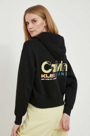 Bavlněná mikina Calvin Klein Jeans dámská, černá barva, s kapucí, s potiskem