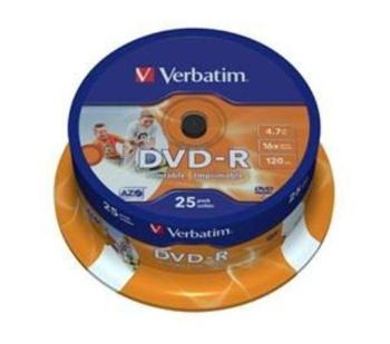 DVD-R 4,7GB, 16x, Printable, Verbatim, 25-cake, bal. 25 ks, 43538
