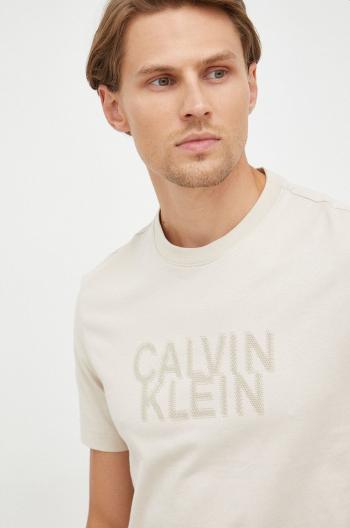 Bavlněné tričko Calvin Klein béžová barva, s potiskem