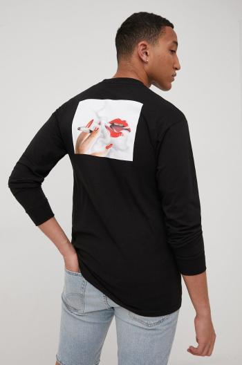 Bavlněné tričko s dlouhým rukávem HUF černá barva, s potiskem