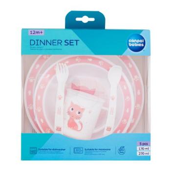 Canpol babies Cute Animals Dinner Set Cat nádobí miska 270 ml + hrnek 170 ml + talíř + lžíce + vidlička pro děti poškozená krabička