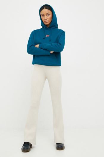Bavlněná mikina Tommy Jeans dámská, tyrkysová barva, hladká