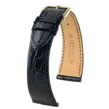 Řemínek Hirsch Genuine Croco  - černý, lesk - 16 mm - M – Střední délka - 14 mm - Zlatá