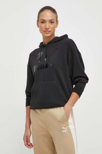 Mikina Puma CLASSICS Shiny Logo Hoodie dámská, černá barva, s kapucí, s potiskem, 625595