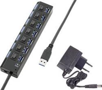 USB 3.0 hub Renkforce 7 portů, lze spínat jednotlivě, se stavovými LED, s nabíjecím portem pro iPad, 166 mm, černá