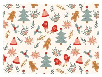Balící papír klasik - vánoční motivy - stromky, perníčky, čepice - archy 100x70 cm - MFP Paper