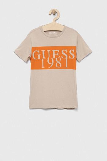 Dětské bavlněné tričko Guess béžová barva, s potiskem