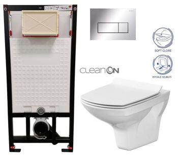 DEANTE Podomítkový rám, pro závěsné WC mísy + SLIM tlačítko chrom + WC CERSANIT CLEANON CARINA + SEDÁTKO CST_WC01 051P CA3