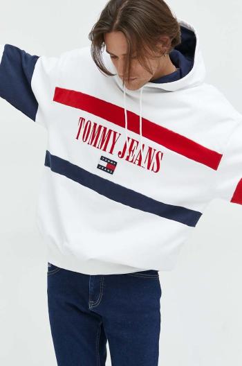 Bavlněná mikina Tommy Jeans pánská, bílá barva, s kapucí, vzorovaná