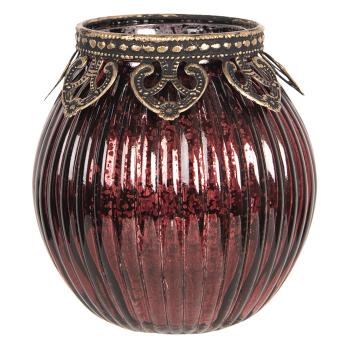 Červený skleněný svícen na čajovou svíčku s kovovým zdobením - Ø  9*9 cm 6GL2647
