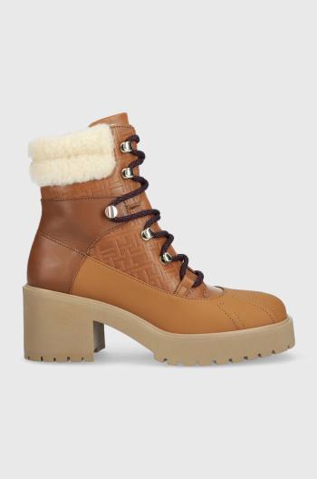 Kožené kotníkové boty Tommy Hilfiger Heel Laced Monogram Boot dámské, hnědá barva, na podpatku