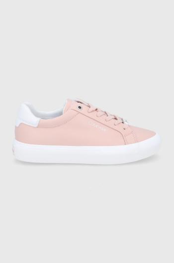 Kožené boty Calvin Klein růžová barva, na plochém podpatku