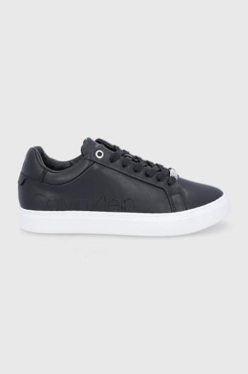 Kožené boty Calvin Klein černá barva, na plochém podpatku