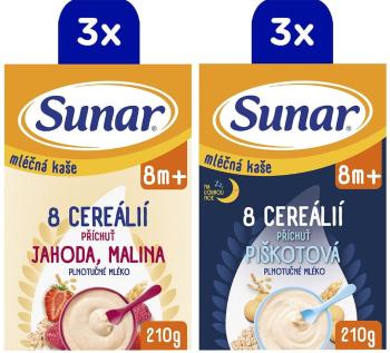 Sunar mléčná kaše 8 cereálií mix příchutí, 8m+, 6 x 210g