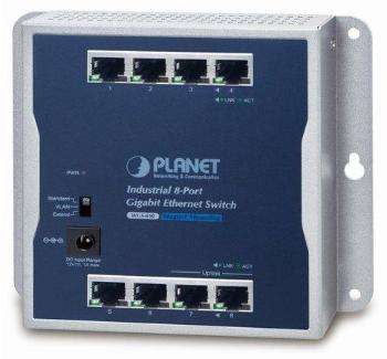 PLANET průmyslový nástěnný switch 8x 1Gb, IP30, 12VDC, -20/+60st, IP30, fanless, WGS-810