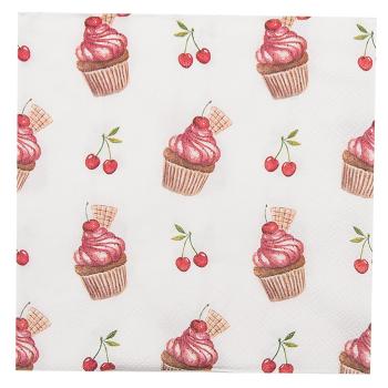 Bílé papírové ubrousky s dortíčky Cherry Cupcake - 33*33 cm (20ks) CUP73-1