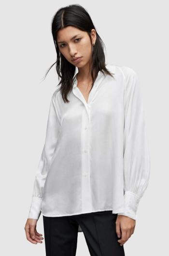 Košile ze směsi hedvábí AllSaints dámská, bílá barva, relaxed, s klasickým límcem