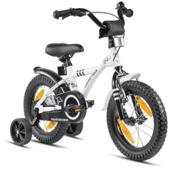 PROMETHEUS BICYCLES ® Dětské kolo 14 v bílé a černé barvě od 3 let s tréninkovými koly