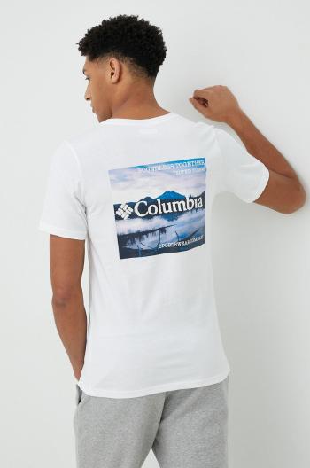 Bavlněné tričko Columbia bílá barva, s potiskem