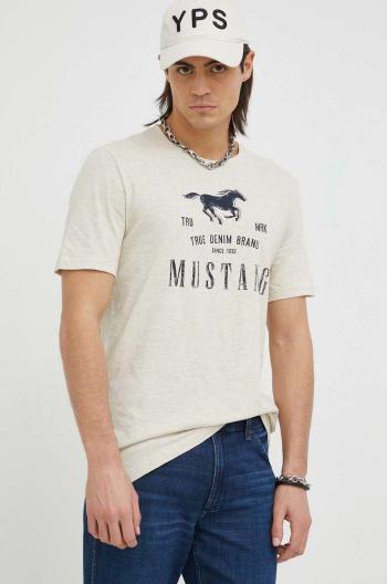 Bavlněné tričko Mustang béžová barva, s potiskem