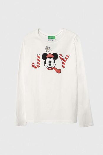 Dětské bavlněné tričko s dlouhým rukávem United Colors of Benetton x Disney bílá barva, s potiskem