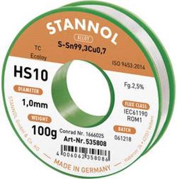 Bezolovnatý pájecí cín Stannol HS10 2,5% 1,0MM SN99,3CU0,7 CD 100G, bez olova, cívka, 100 g, 1 mm