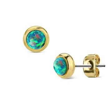 Šperky4U Zlacené ocelové náušnice se zelenými opály - OPN1419-OP02