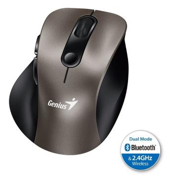 Genius Ergo 9000S, Myš, bezdrátová, optická, 2400DPI, 6 tlačítek, Bluetooth, 2.4GHz, USB, titanová