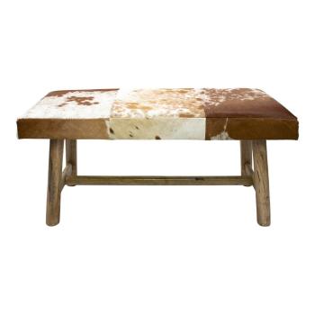 Dřevěná lavice s koženým sedákem Cowny bílá/hnědá - 95*40*45cm OMCBKRB