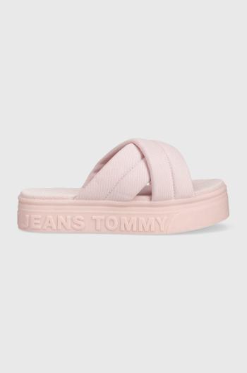 Pantofle Tommy Jeans dámské, růžová barva, na platformě, EN0EN02116