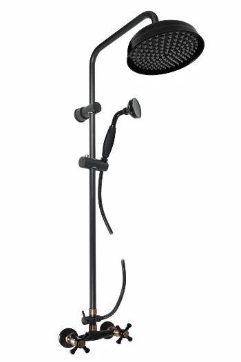 SLEZAK-RAV Vodovodní baterie sprchová MORAVA RETRO s hlavovou a ruční sprchou, Barva: černá matná/stará mosaz, Rozměr: 100 mm MK381.0/3CMATSM