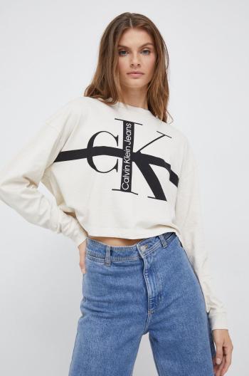 Bavlněné tričko s dlouhým rukávem Calvin Klein Jeans béžová barva